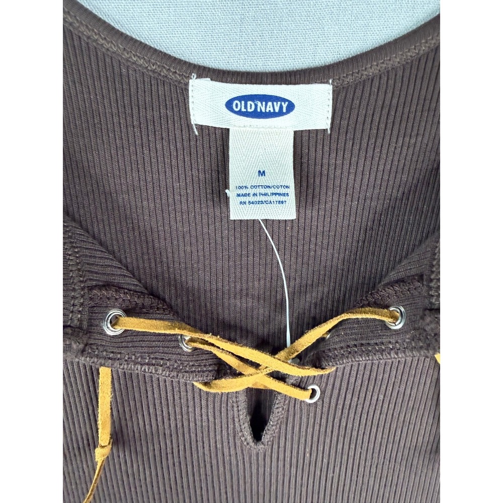 Y2K Old Navy Dress Womens M Brown Ribbed Leather Lace Up Tank 90s Western - Picture 5 of 8